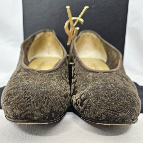 Saint Laurent Almond Toe Kitten Heels In Brown Suede And Velvet Mesh Size 9 - Picture 2 of 12